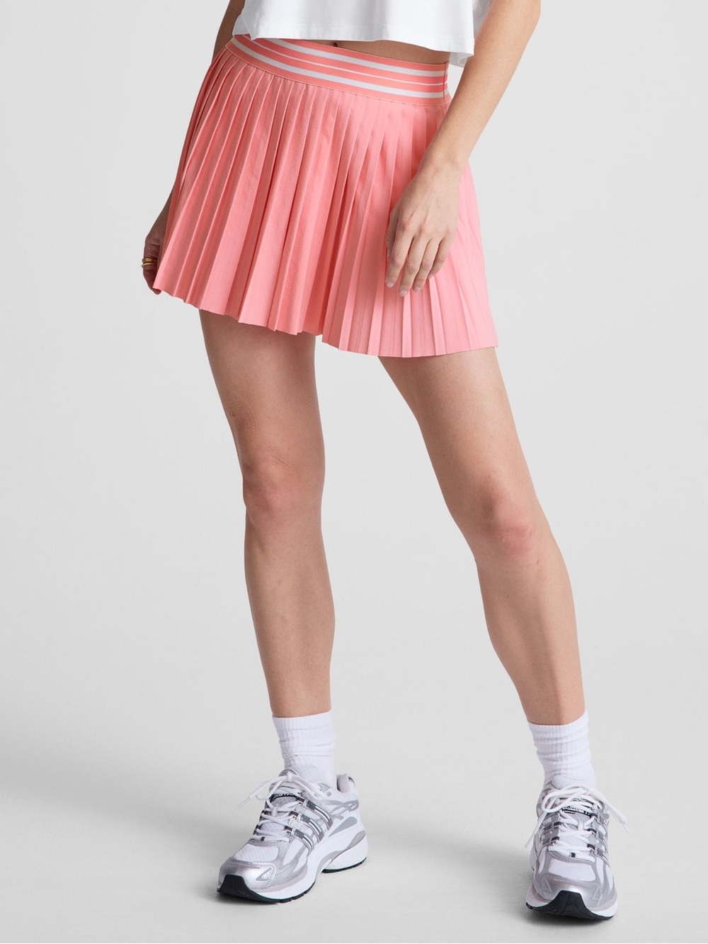Beyond Yoga Coral Pink Pleated Skirt with Striped Waistband